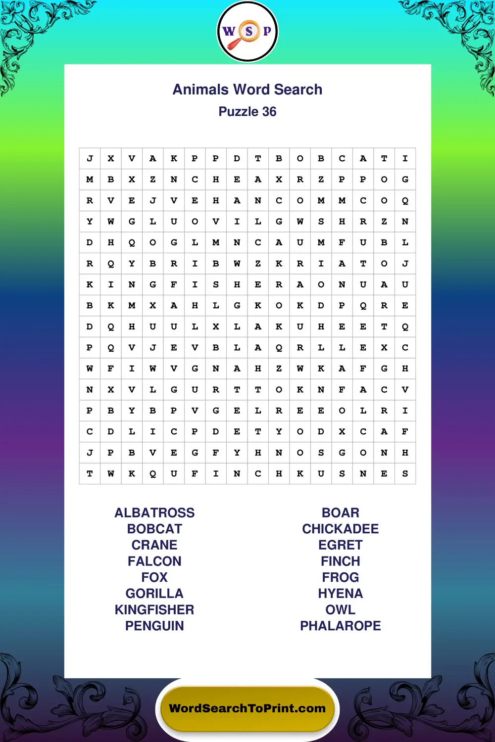 Animals Word Search Puzzle 36