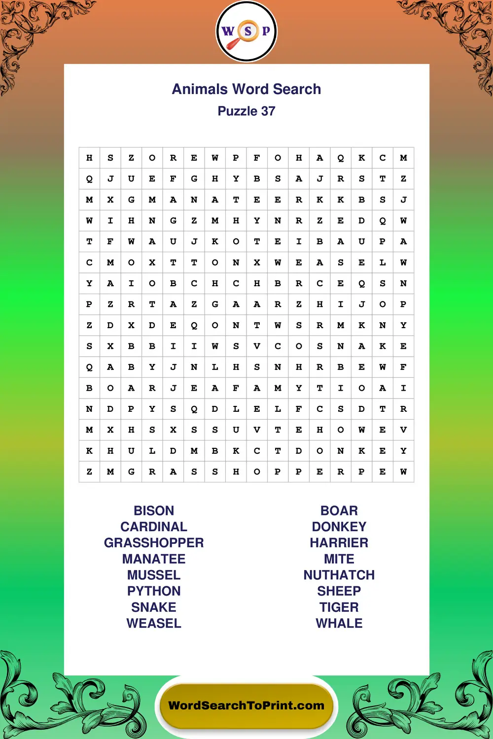 Animals Word Search Puzzle 37