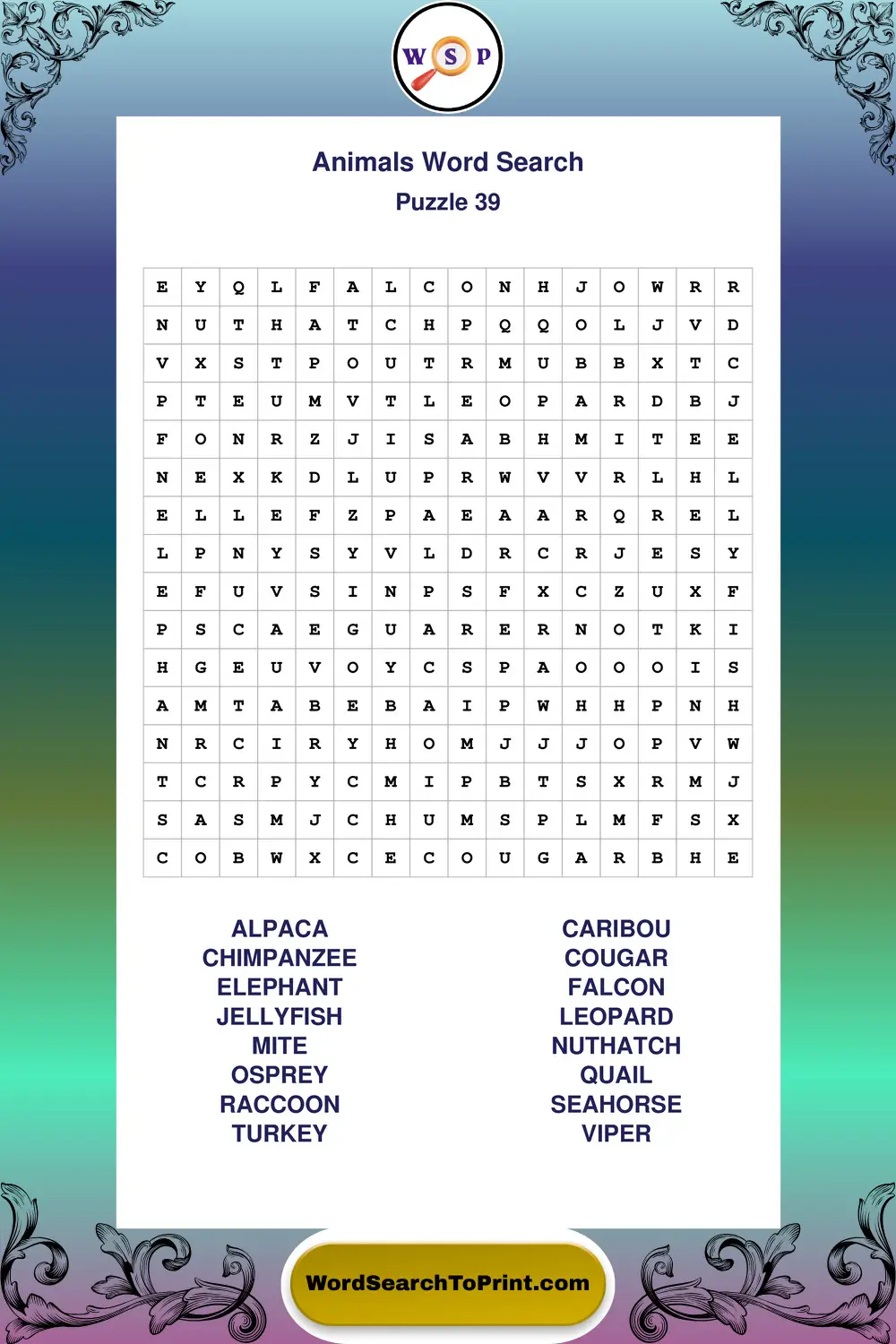 Animals Word Search Puzzle 39
