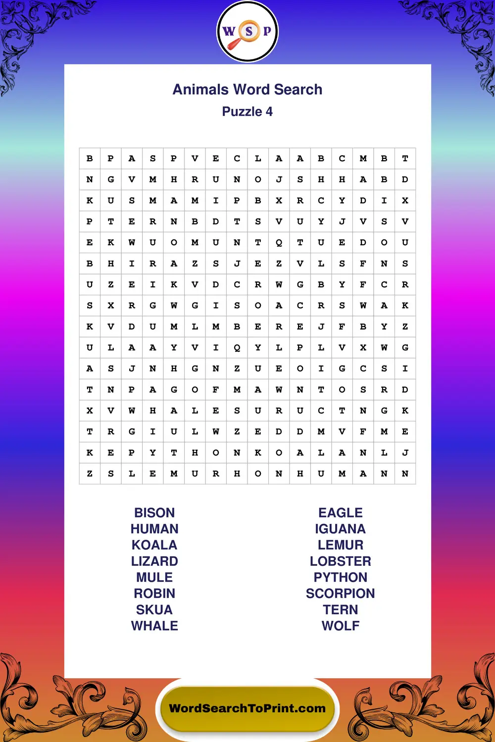 Animals Word Search Puzzle 4