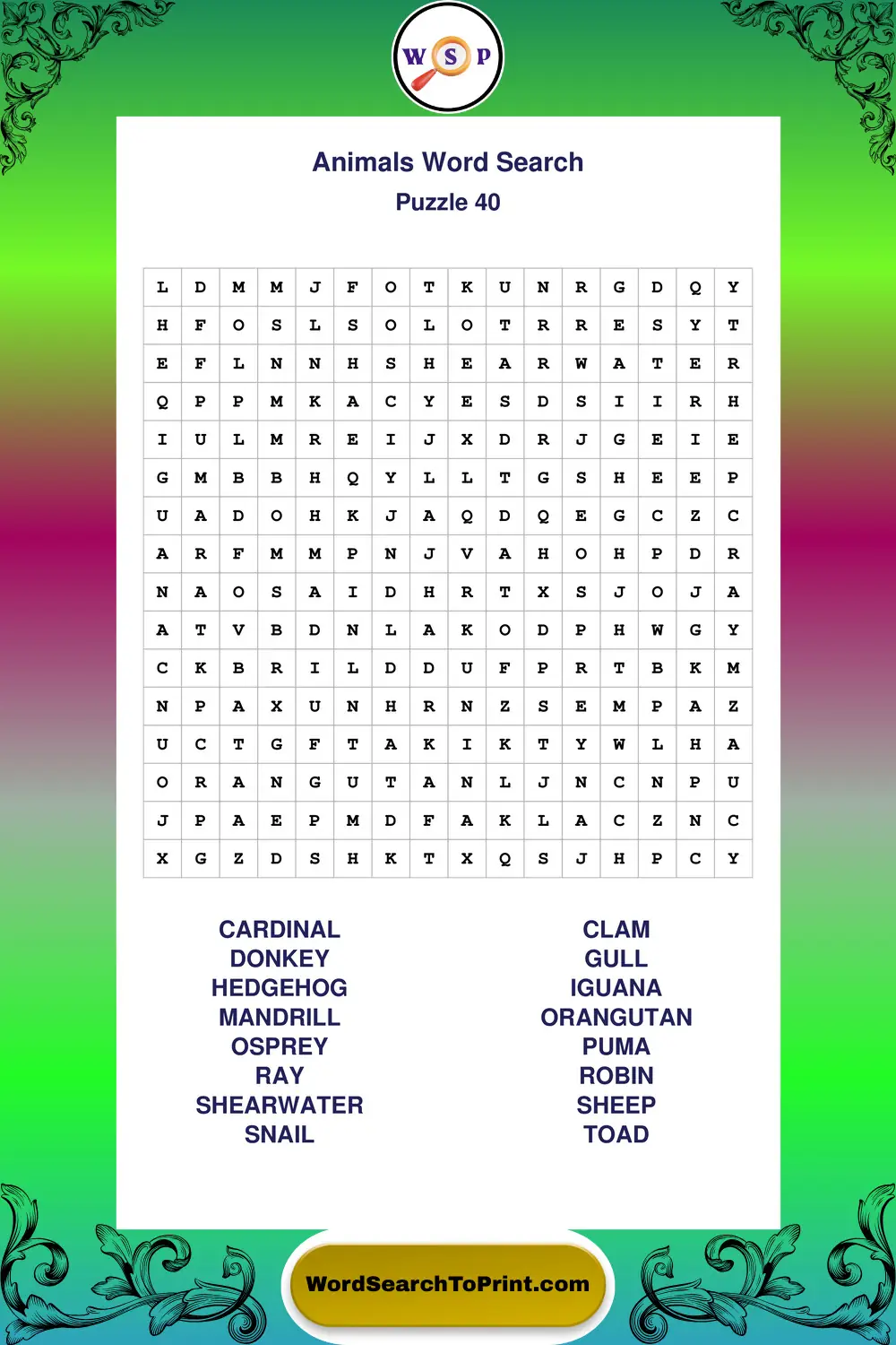 Animals Word Search Puzzle 40