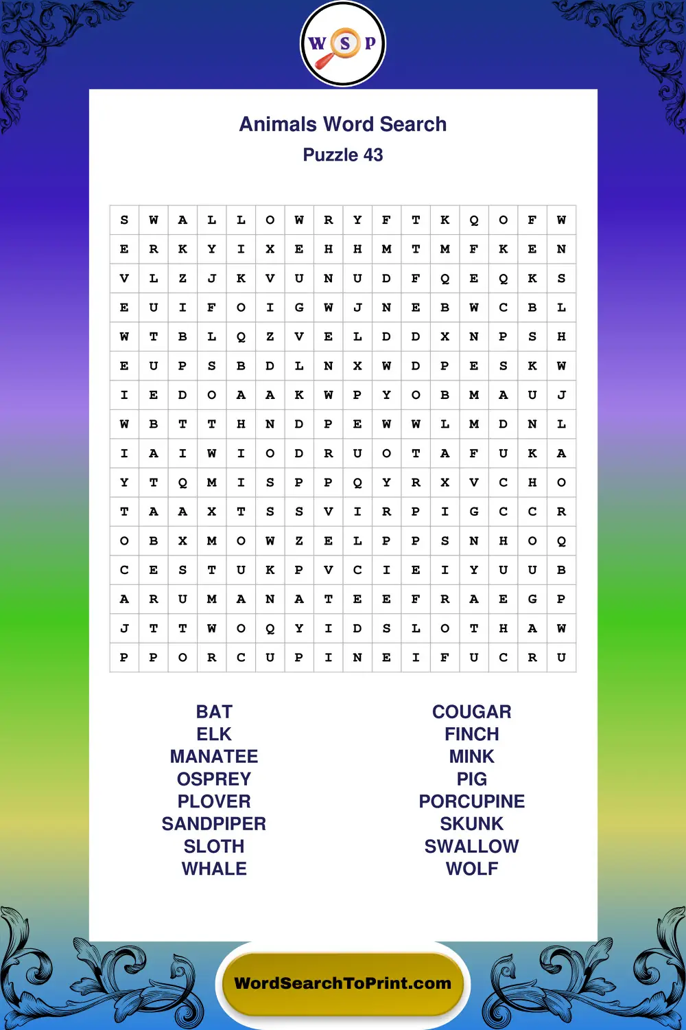 Animals Word Search Puzzle 43