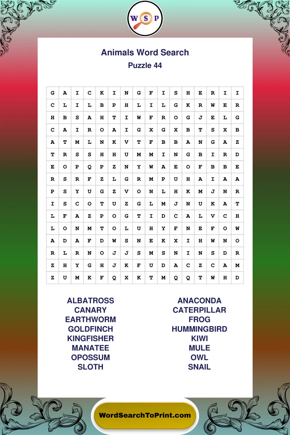 Animals Word Search Puzzle 44