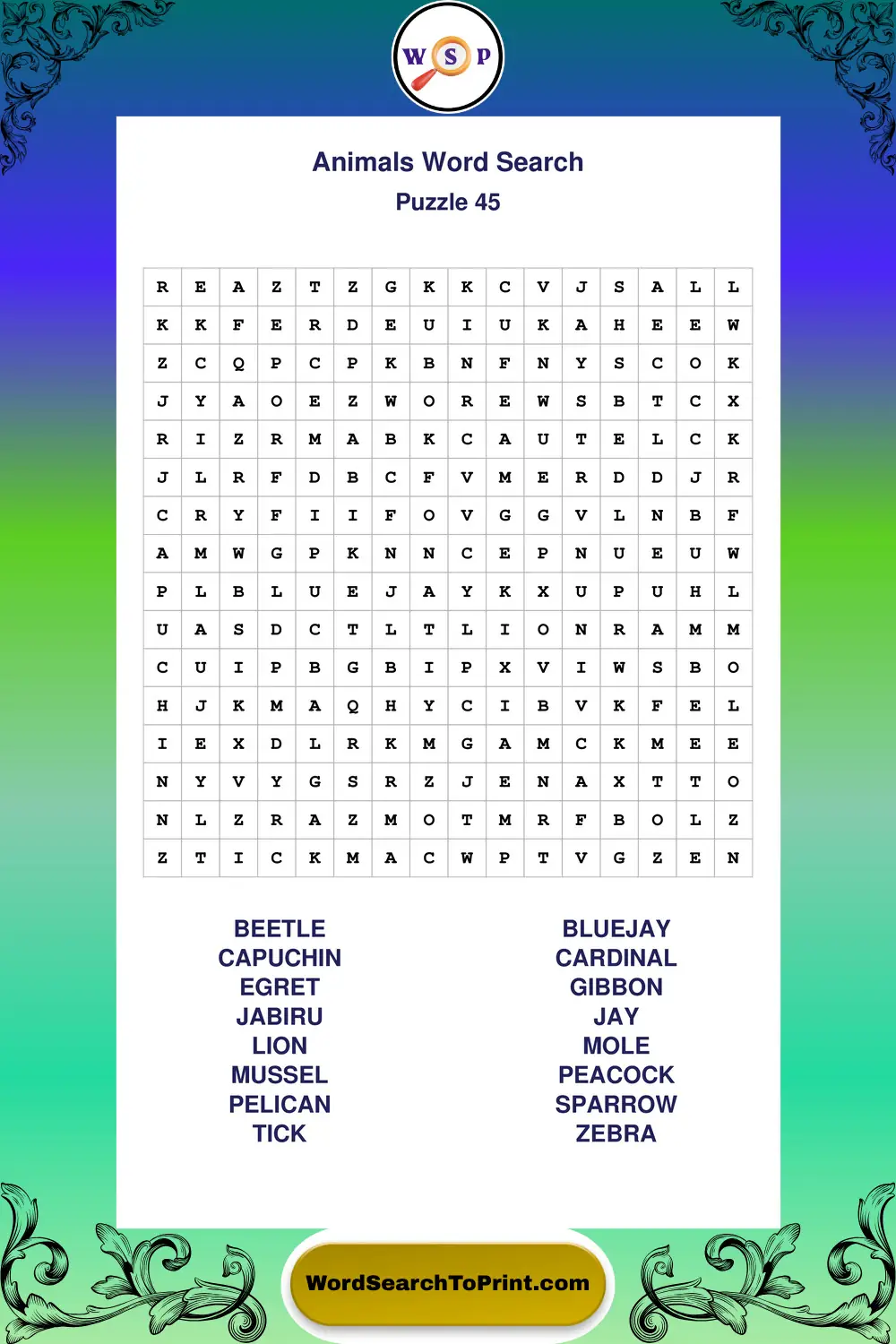 Animals Word Search Puzzle 45