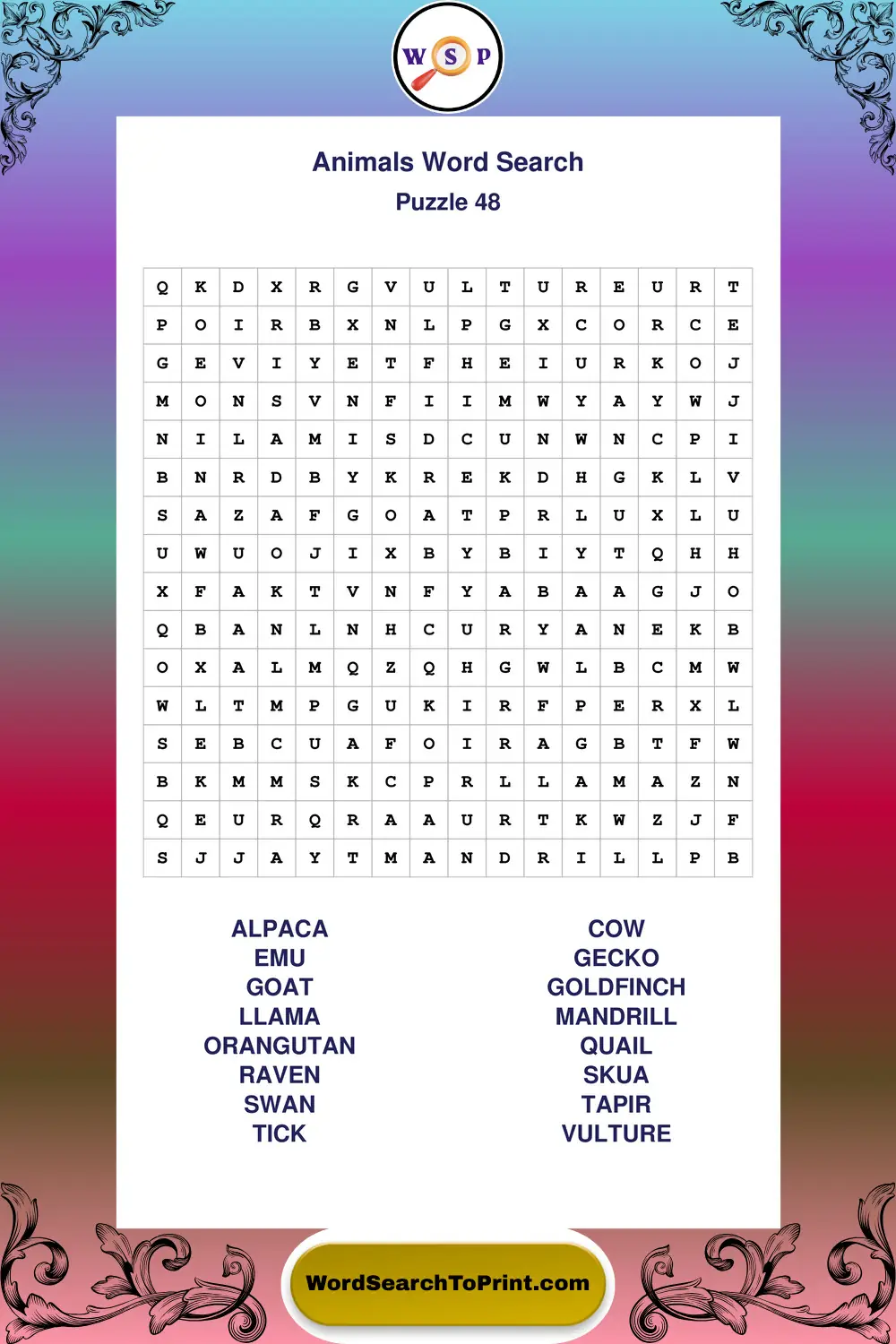 Animals Word Search Puzzle 48