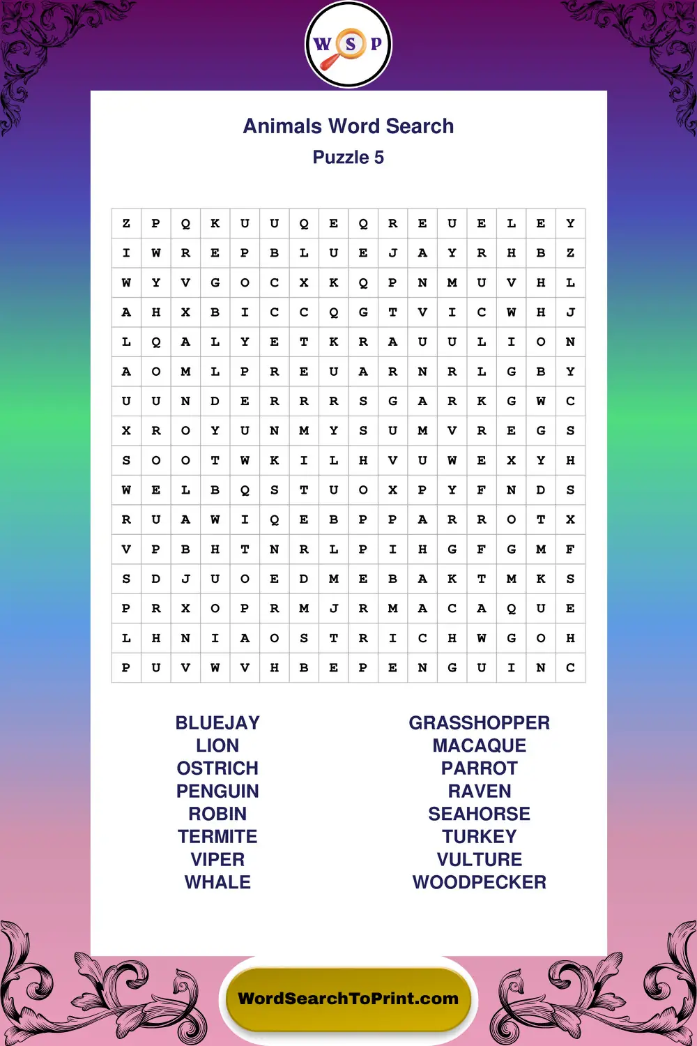 Animals Word Search Puzzle 5