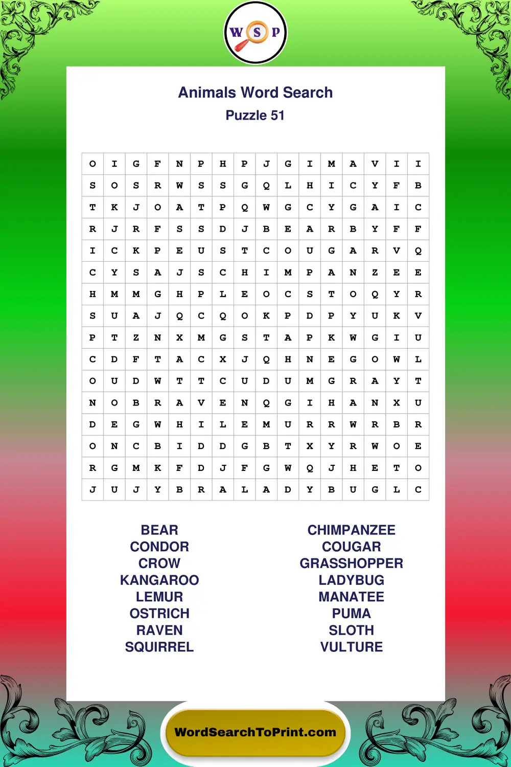 Animals Word Search Puzzle 51
