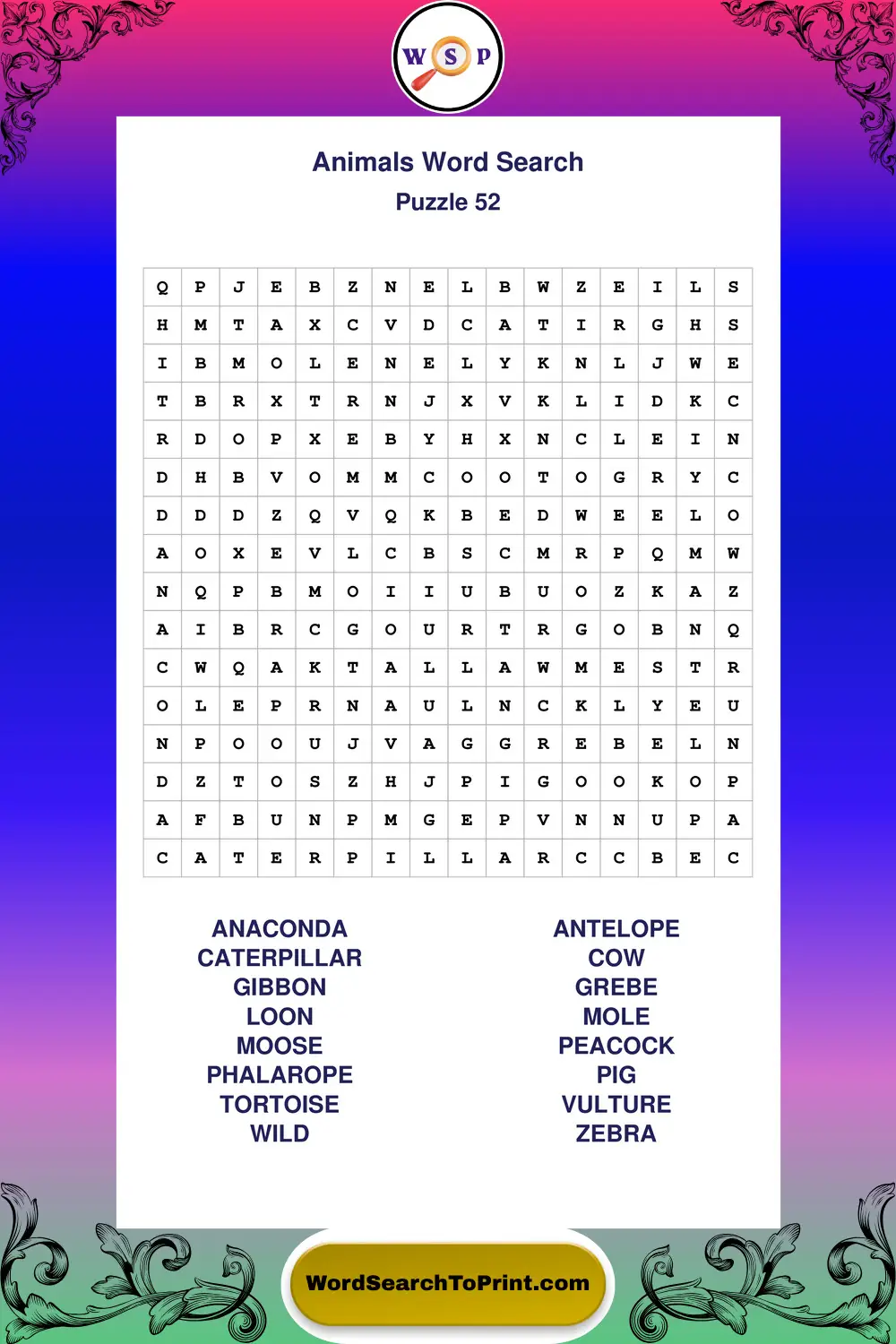 Animals Word Search Puzzle 52