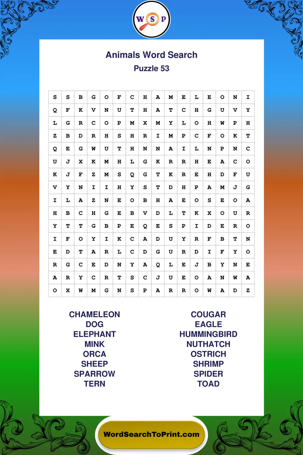 Animals Word Search Puzzle 53
