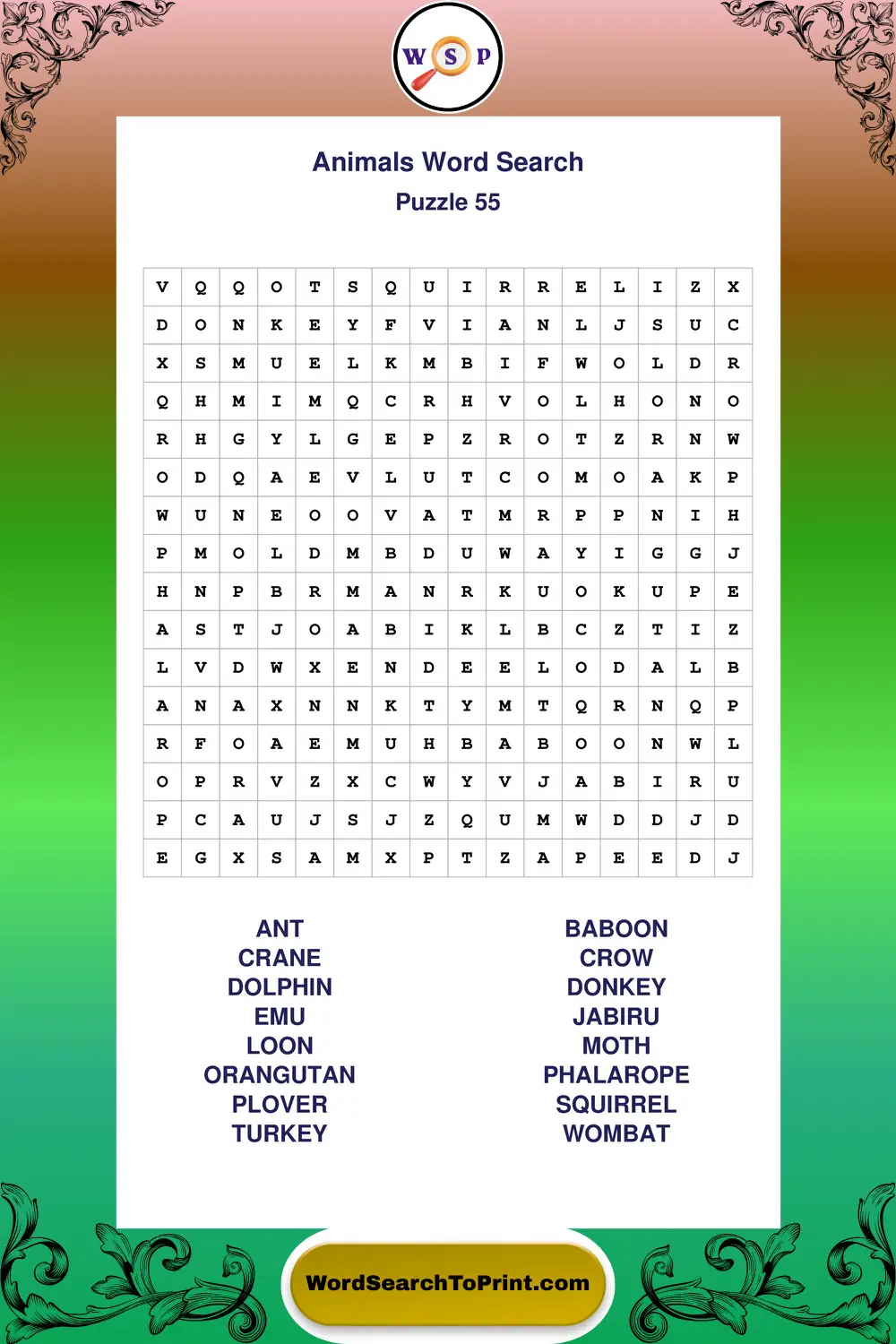 Animals Word Search Puzzle 55