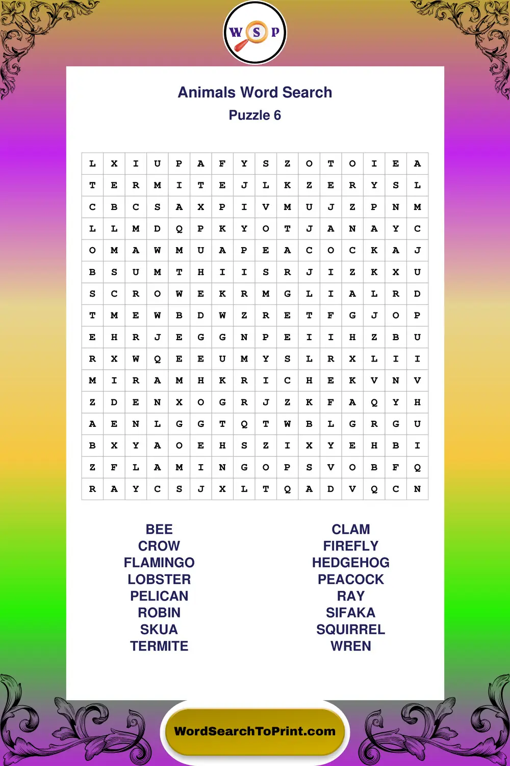 Animals Word Search Puzzle 6