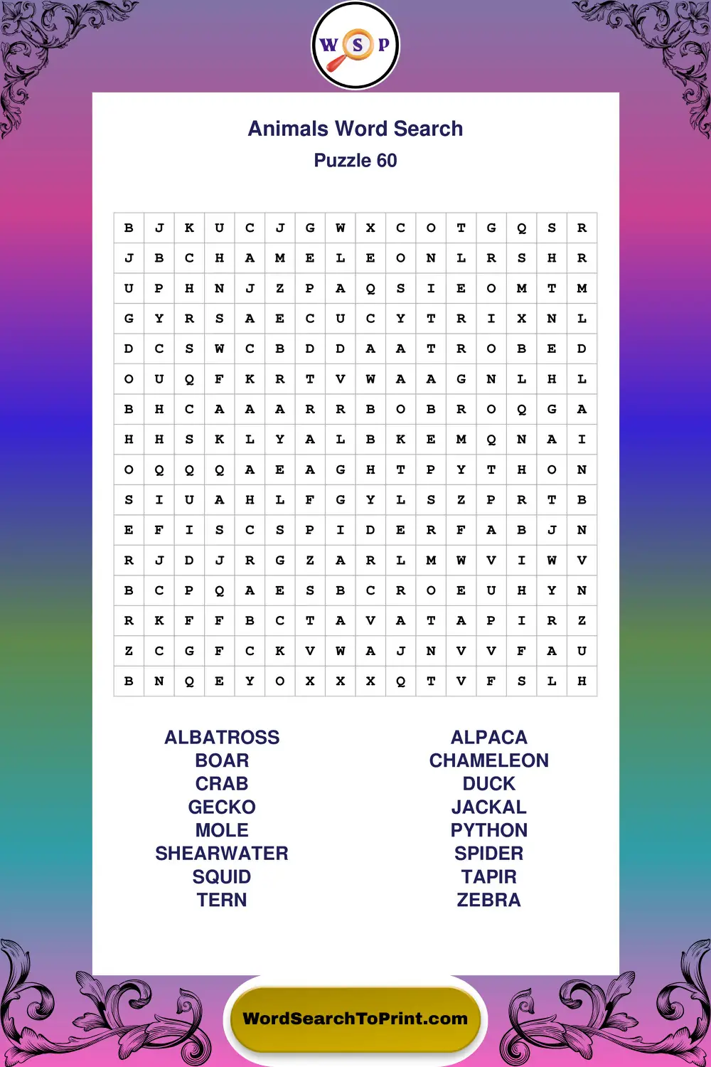 Animals Word Search Puzzle 60