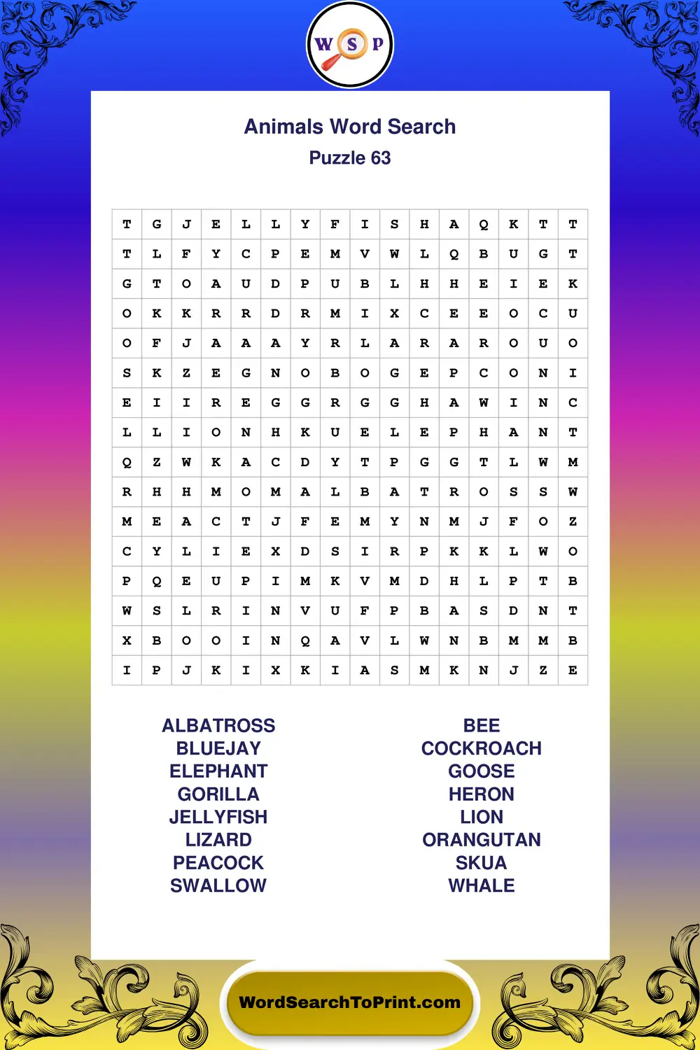 Animals Word Search Puzzle 63