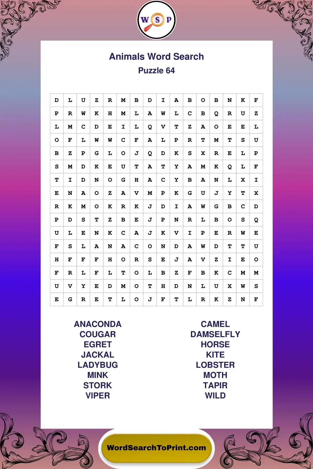Animals Word Search Puzzle 64
