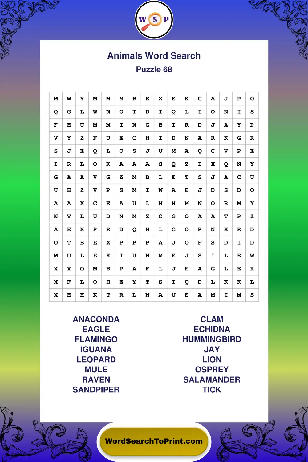 Animals Word Search Puzzle 68