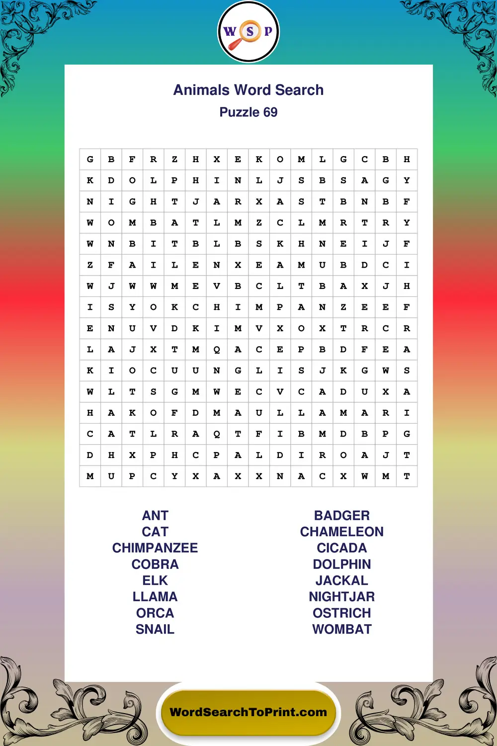 Animals Word Search Puzzle 69