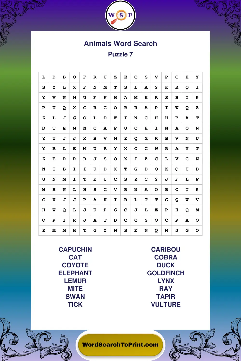 Animals Word Search Puzzle 7