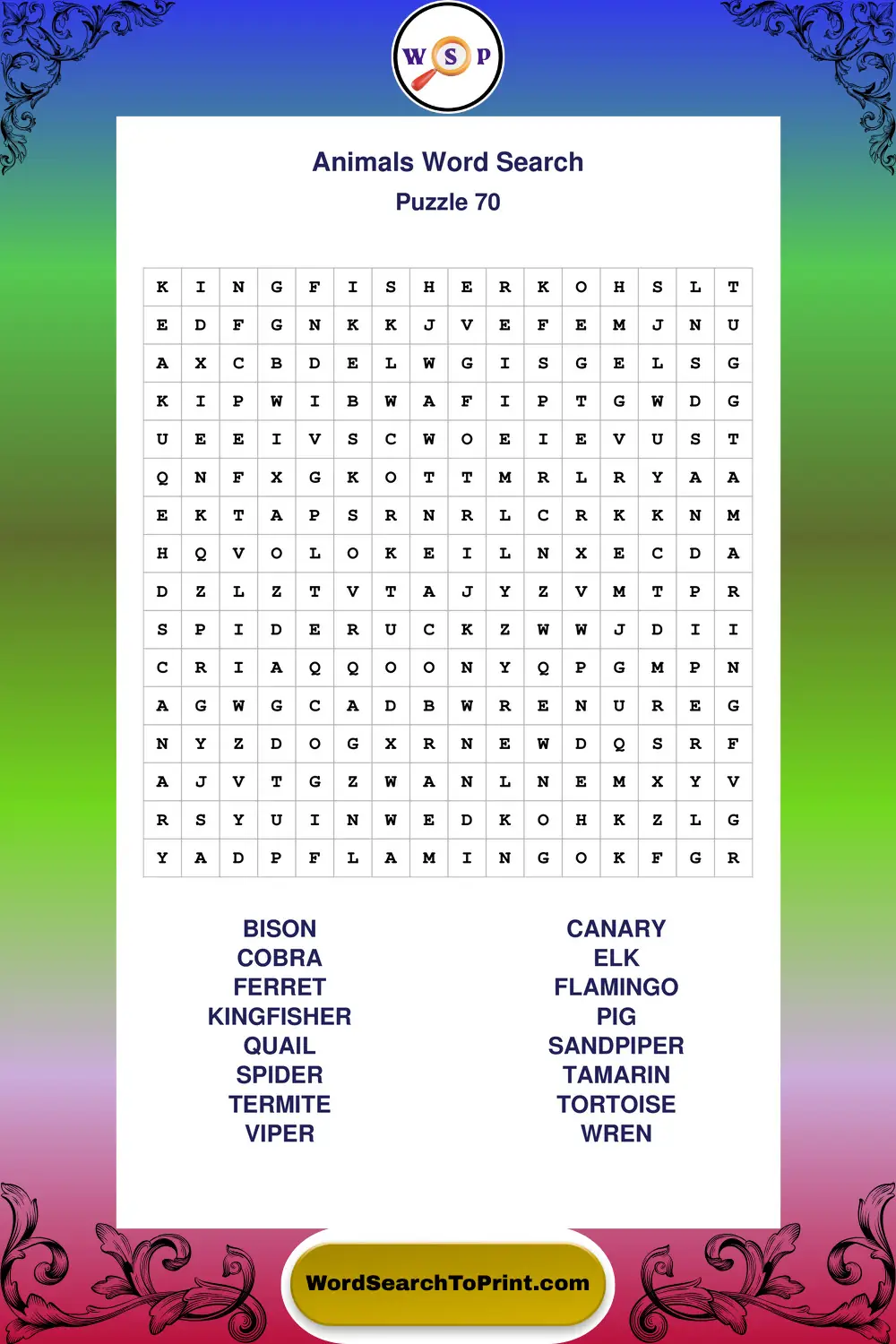 Animals Word Search Puzzle 70
