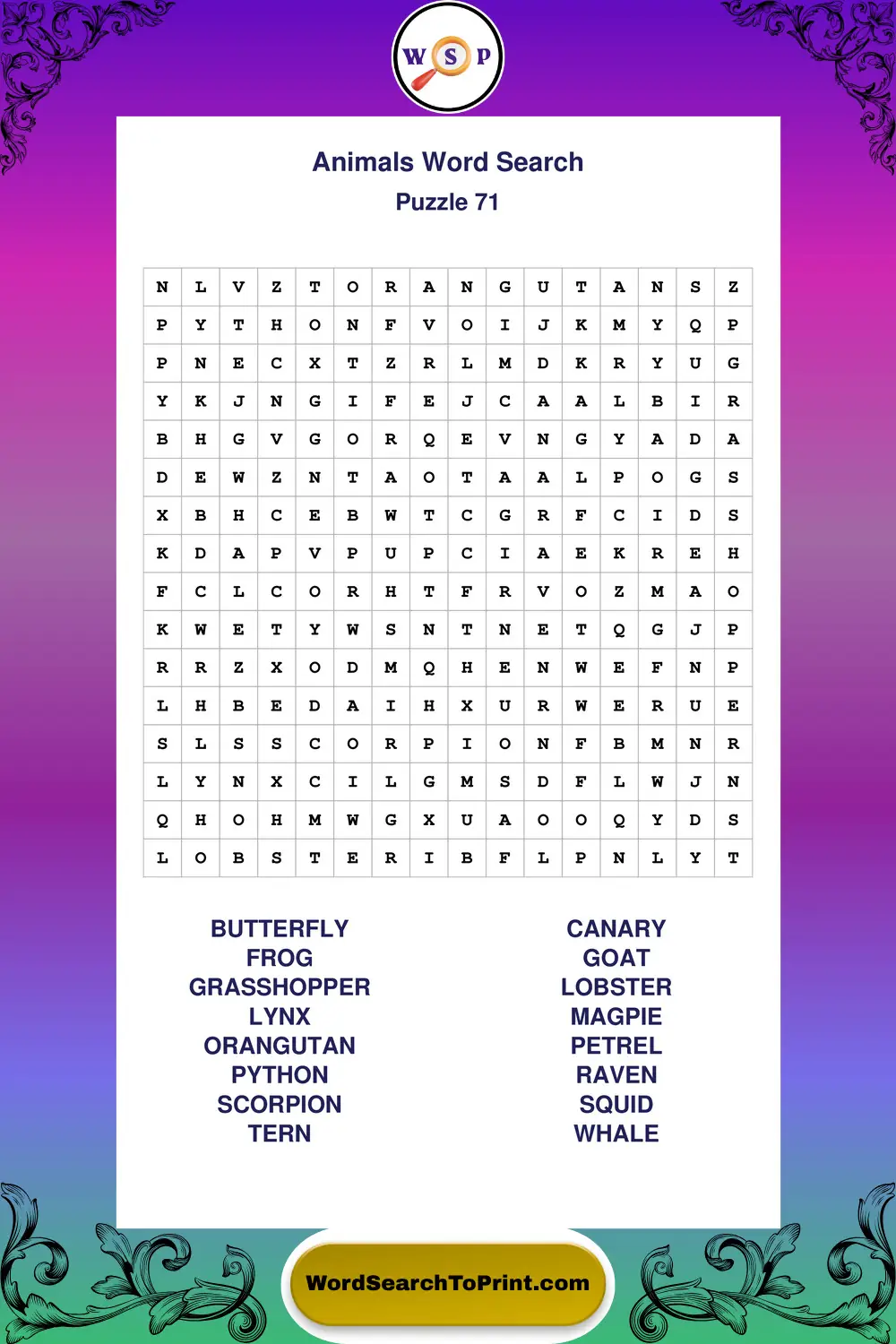 Animals Word Search Puzzle 71