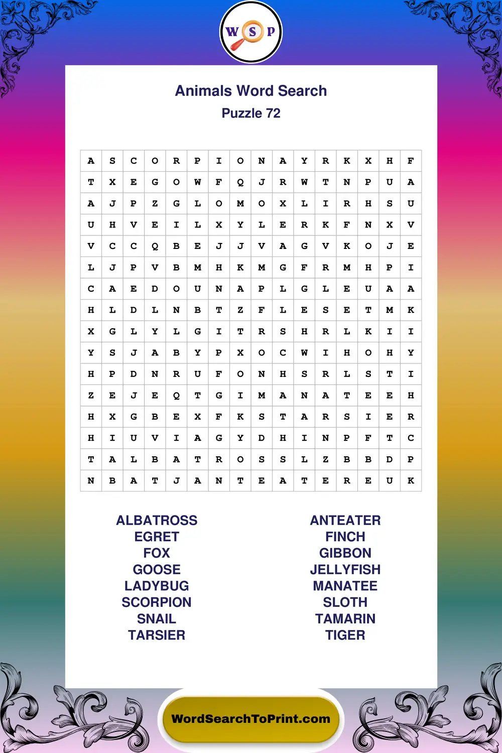 Animals Word Search Puzzle 72