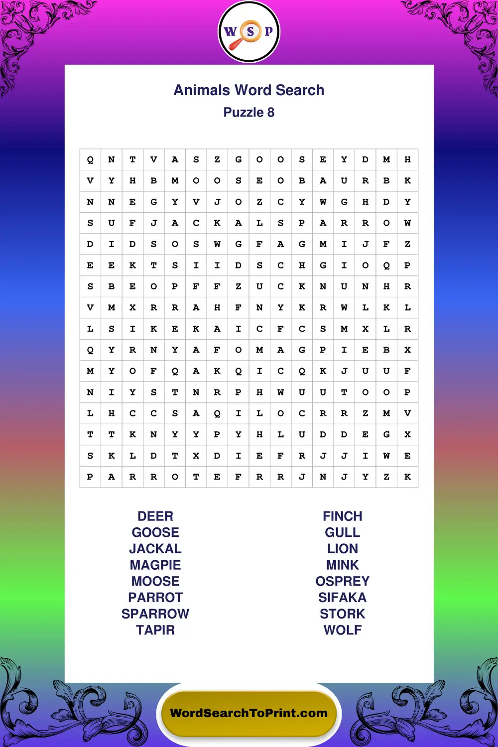 Animals Word Search Puzzle 8