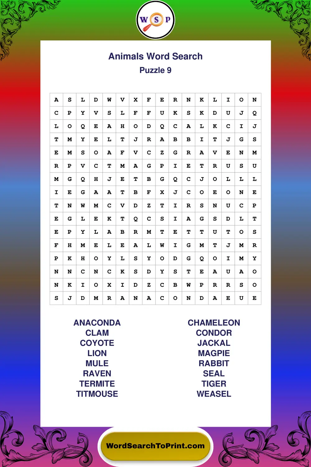 Animals Word Search Puzzle 9