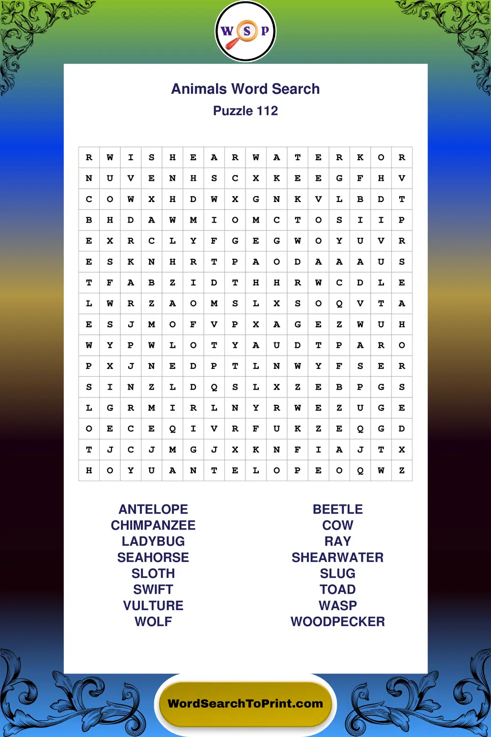 Animals Word Search Puzzle 112