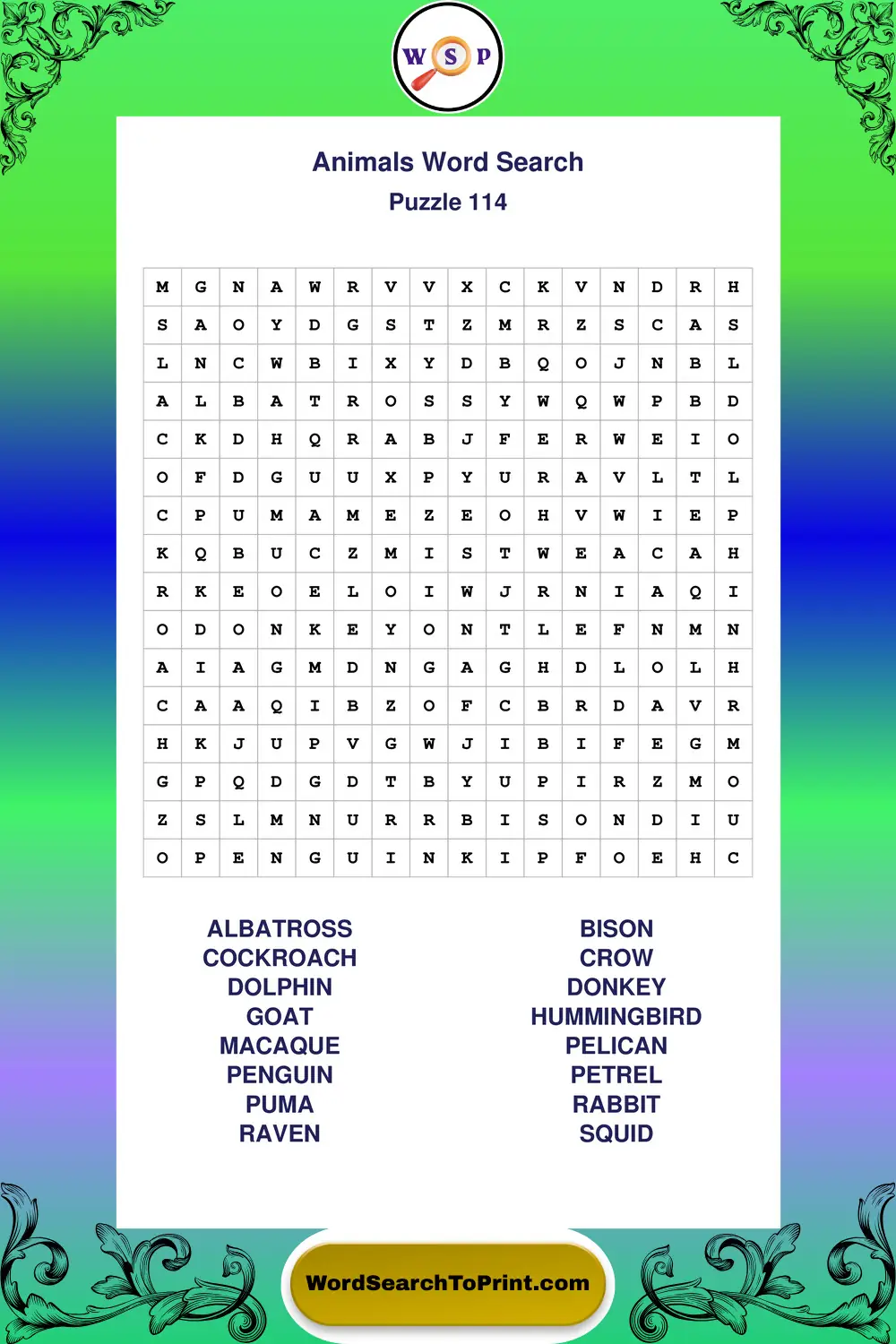 Animals Word Search Puzzle 114