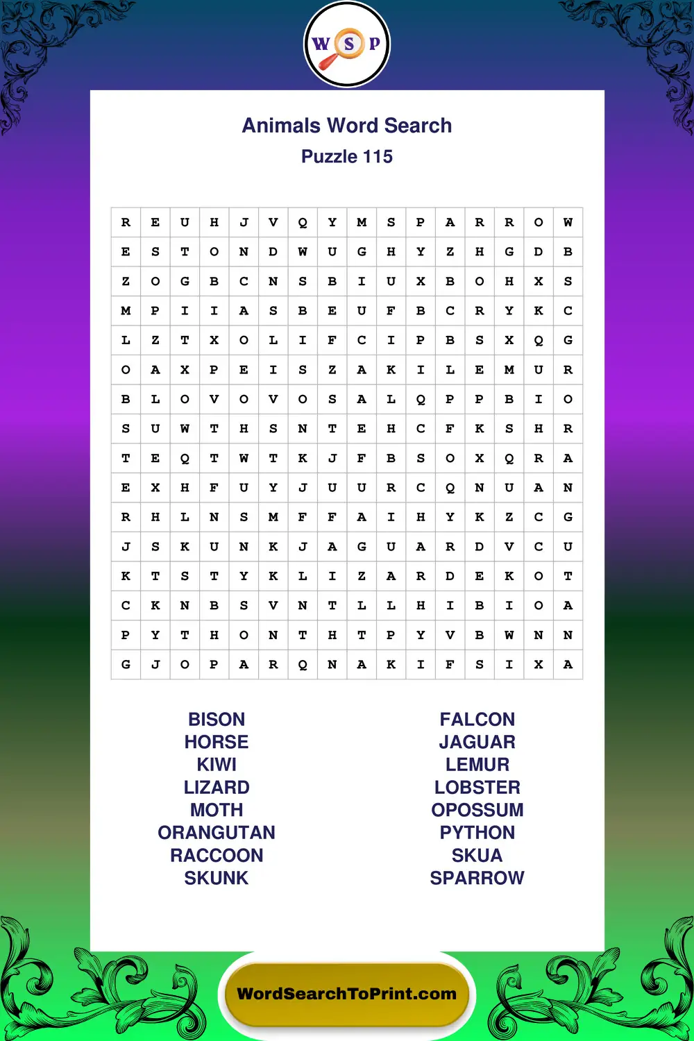 Animals Word Search Puzzle 115