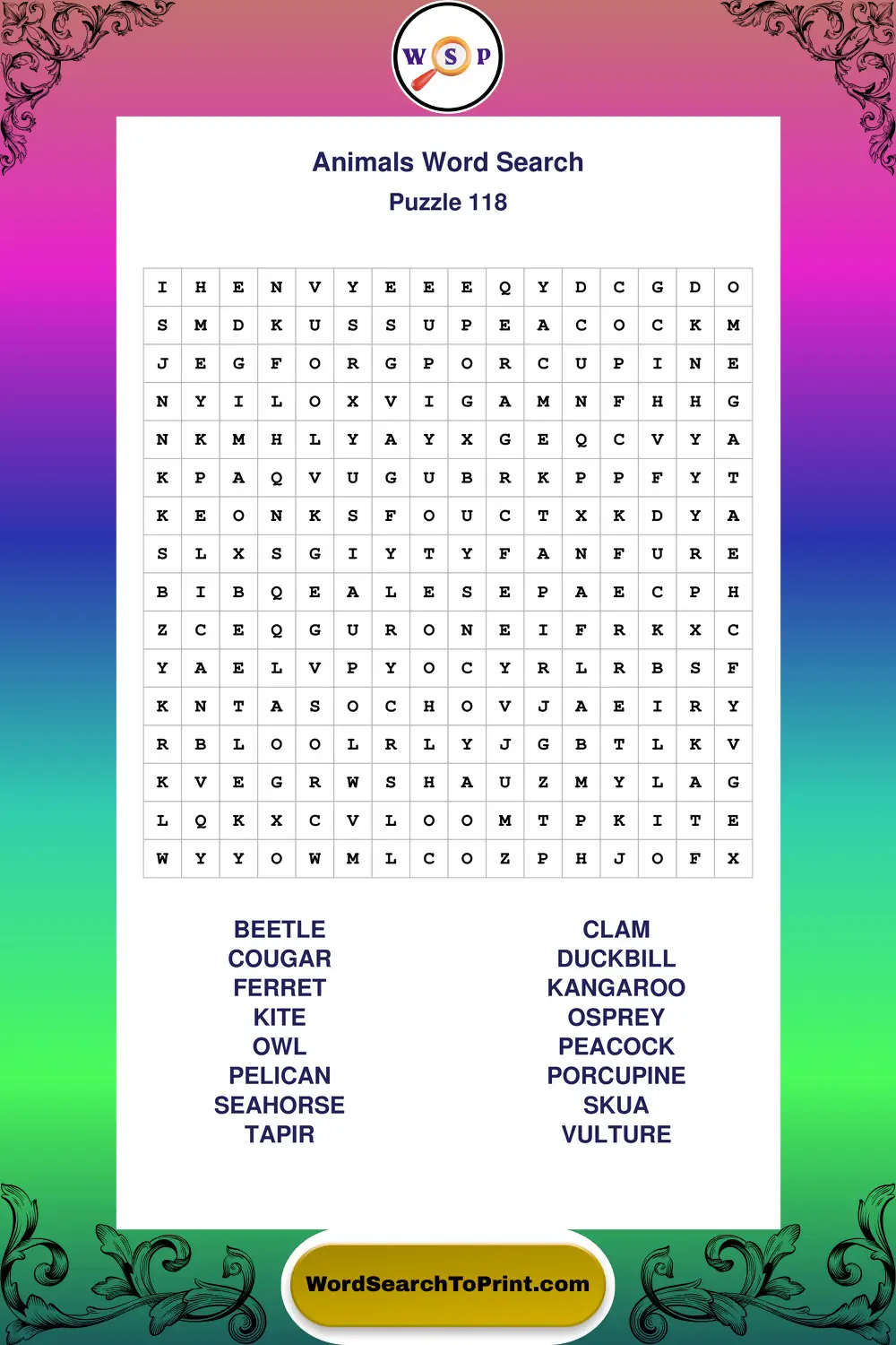 Animals Word Search Puzzle 118