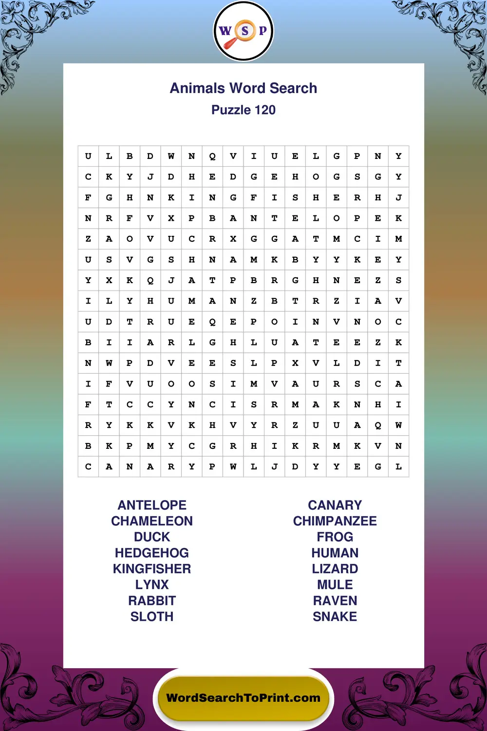 Animals Word Search Puzzle 120