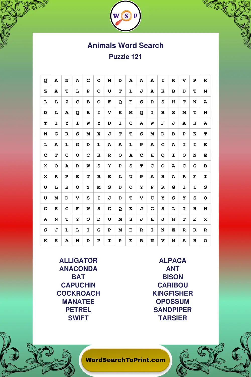 Animals Word Search Puzzle 121