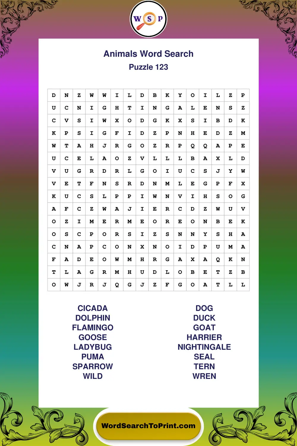 Animals Word Search Puzzle 123