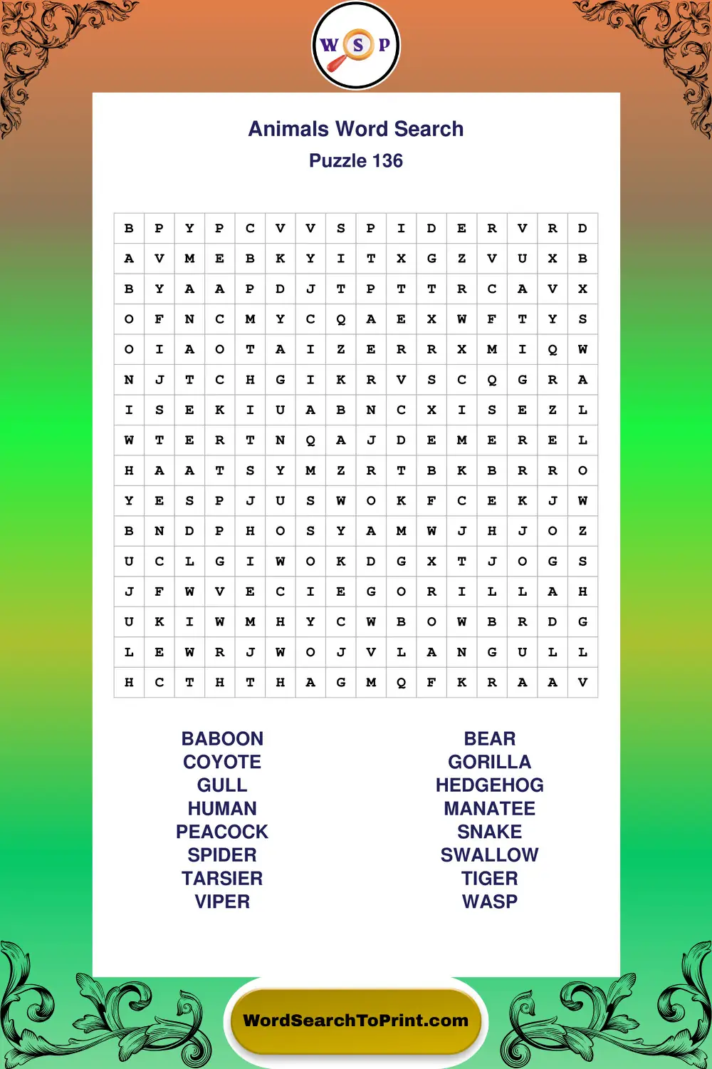 Animals Word Search Puzzle 136