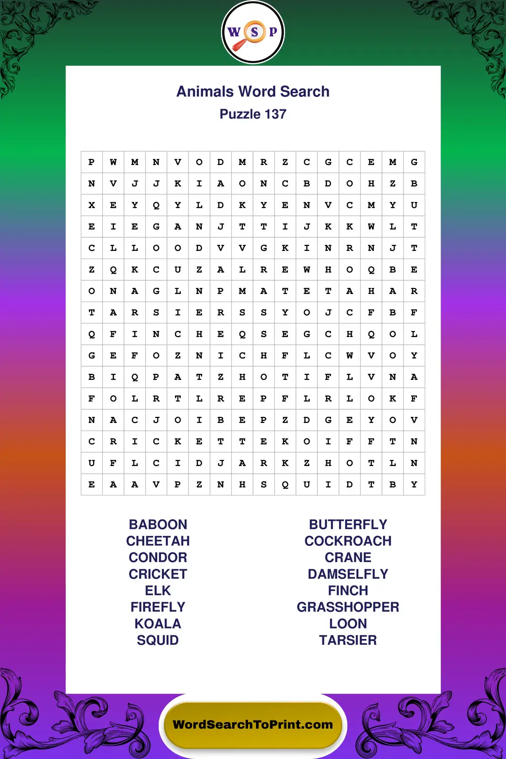 Animals Word Search Puzzle 137