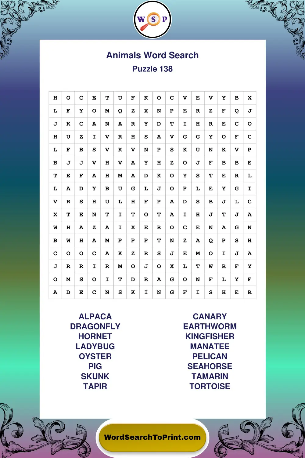 Animals Word Search Puzzle 138