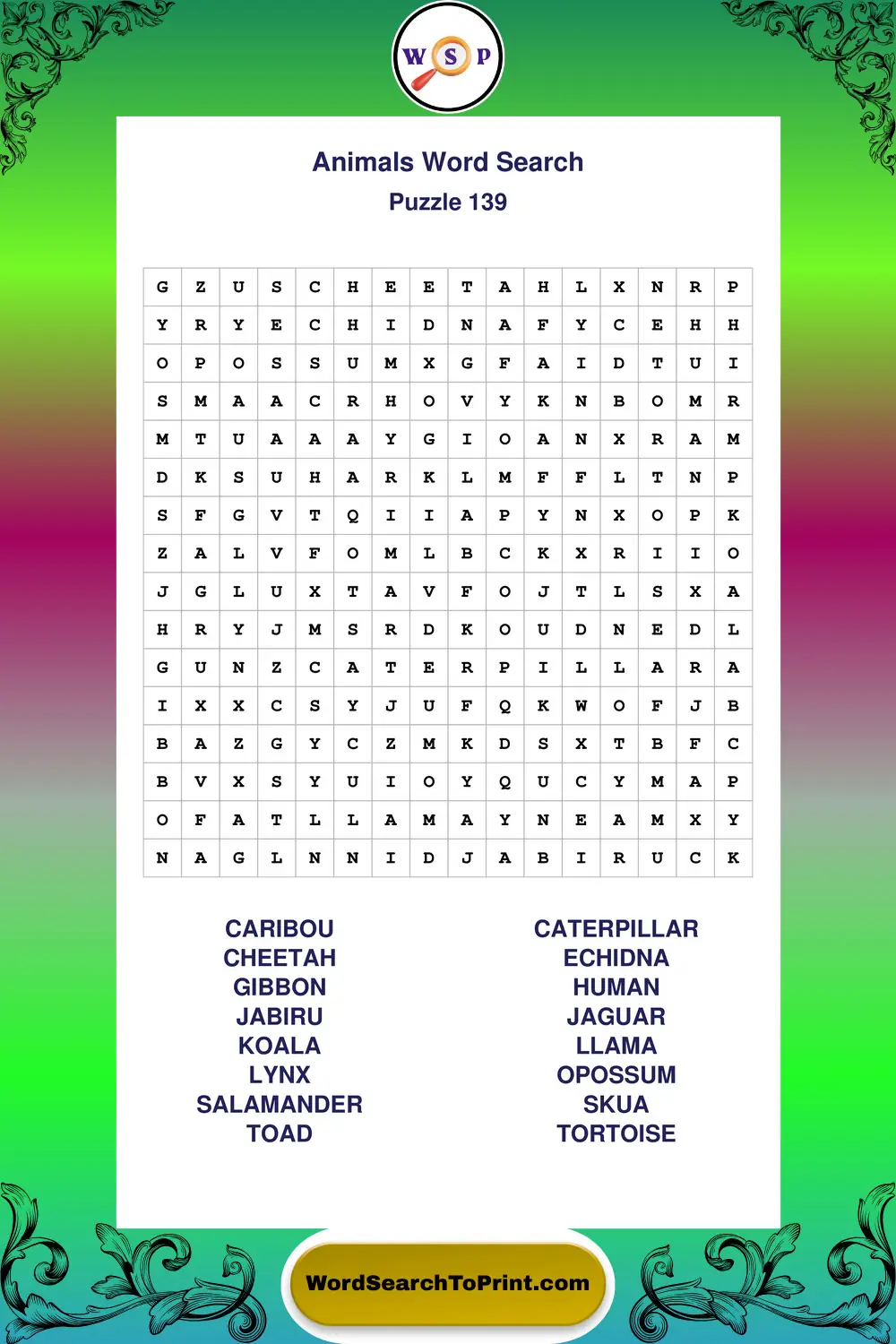 Animals Word Search Puzzle 139