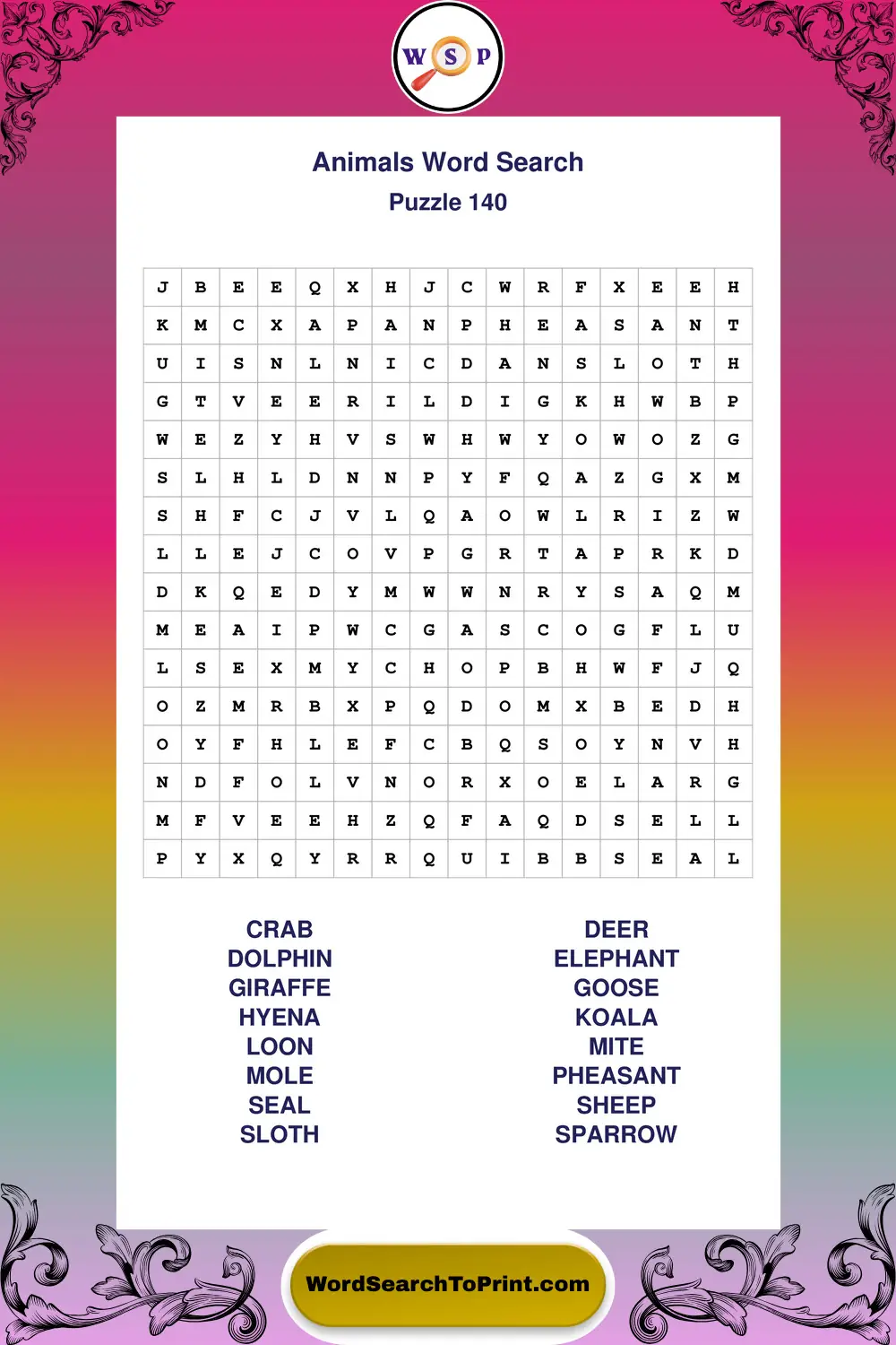 Animals Word Search Puzzle 140