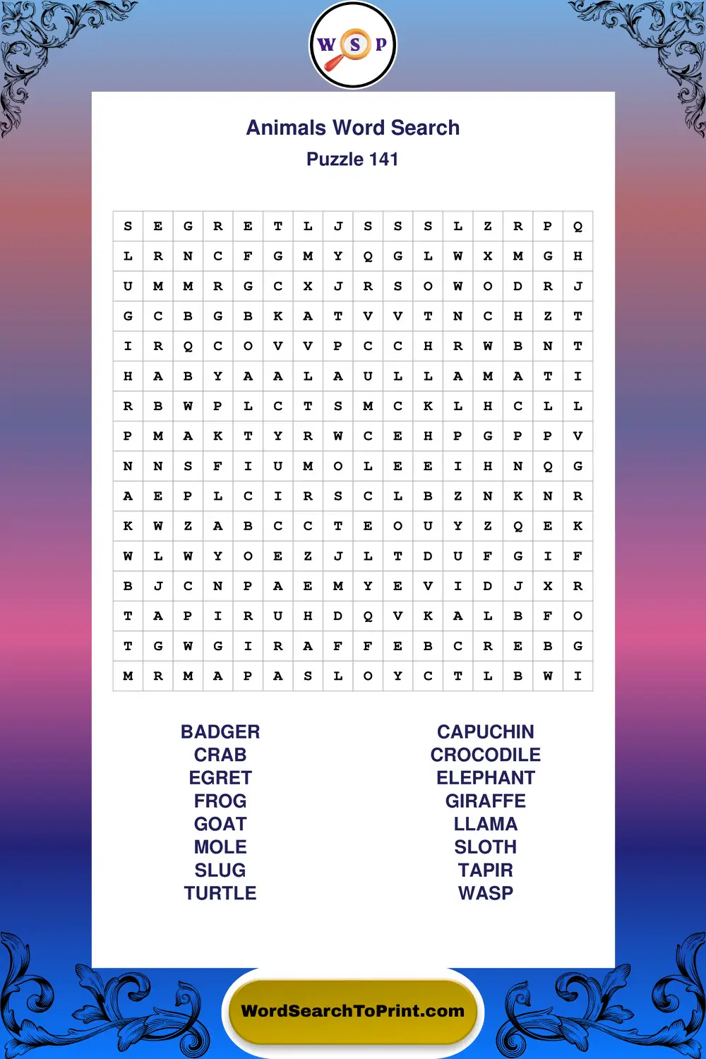 Animals Word Search Puzzle 141