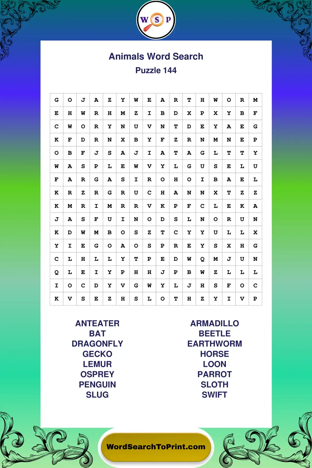 Animals Word Search Puzzle 144
