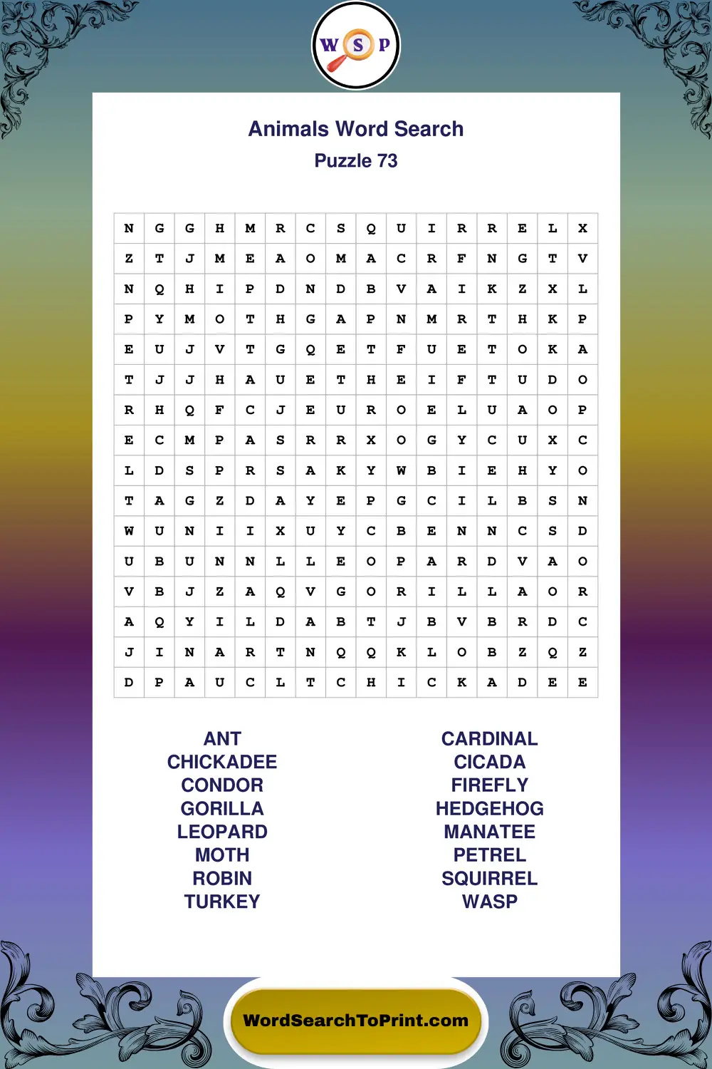 Animals Word Search Puzzle 73