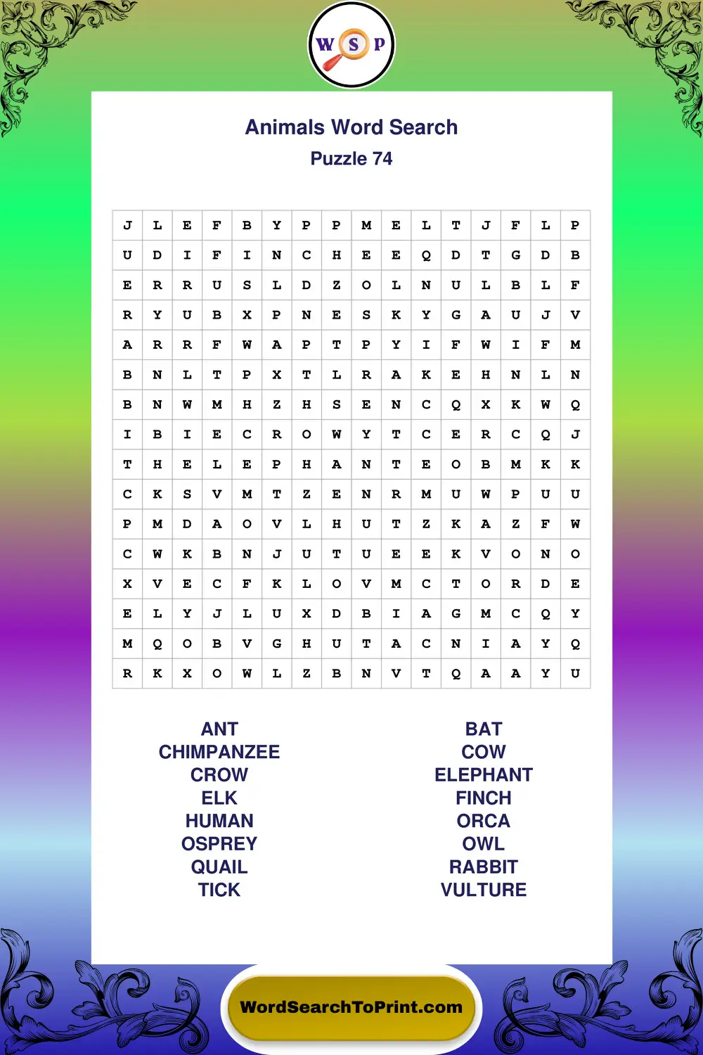 Animals Word Search Puzzle 74