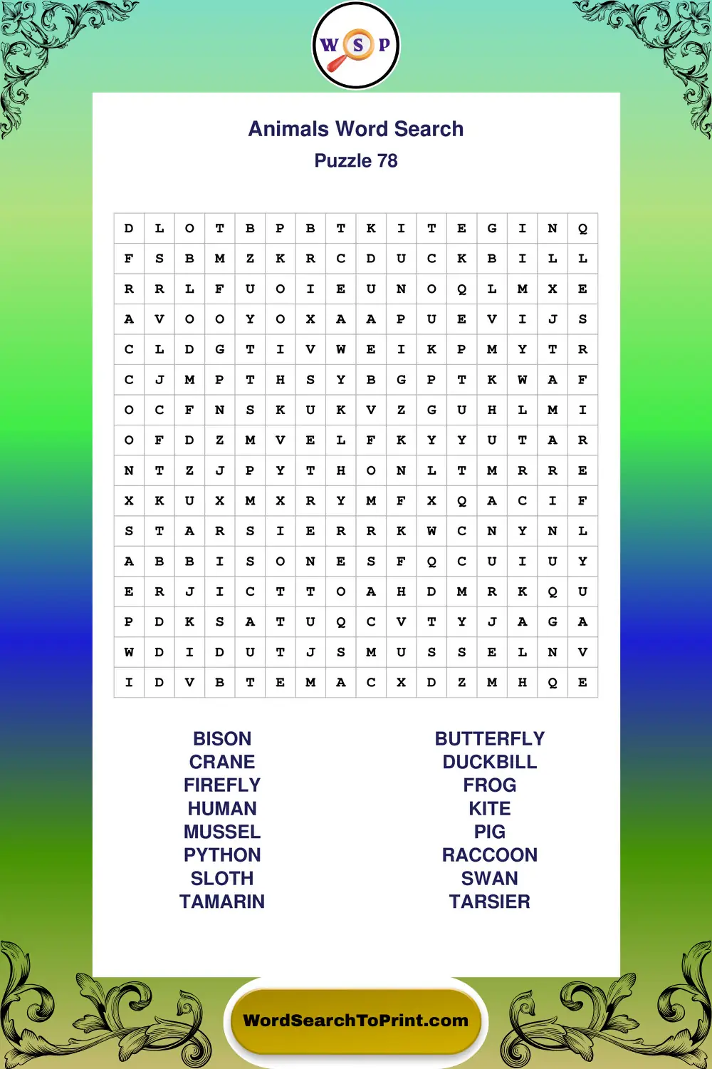 Animals Word Search Puzzle 78