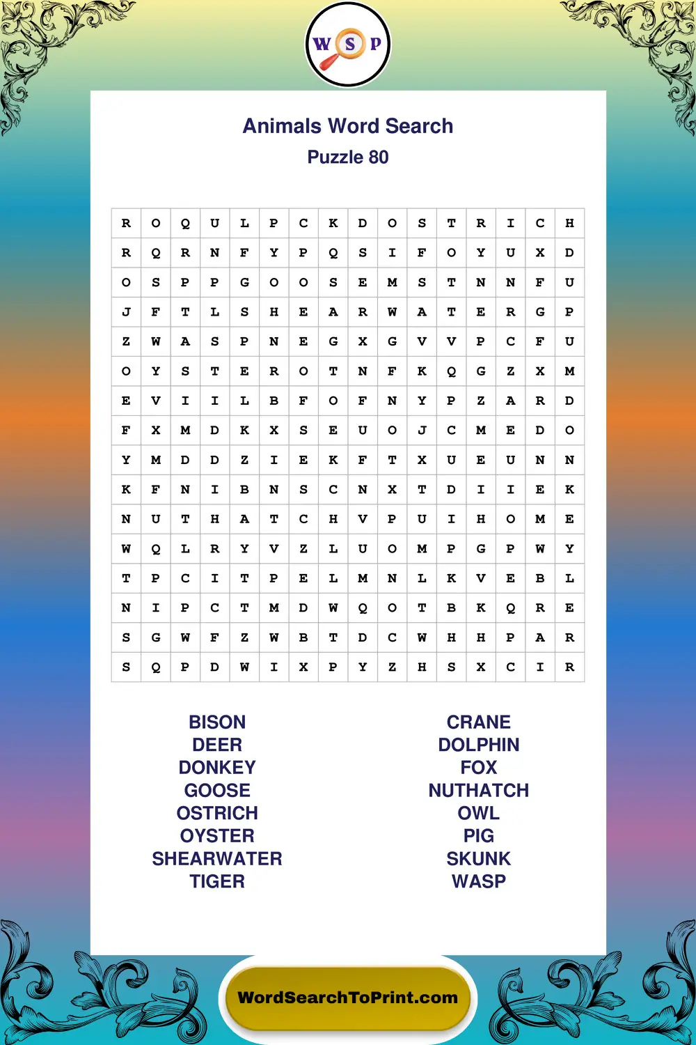 Animals Word Search Puzzle 80