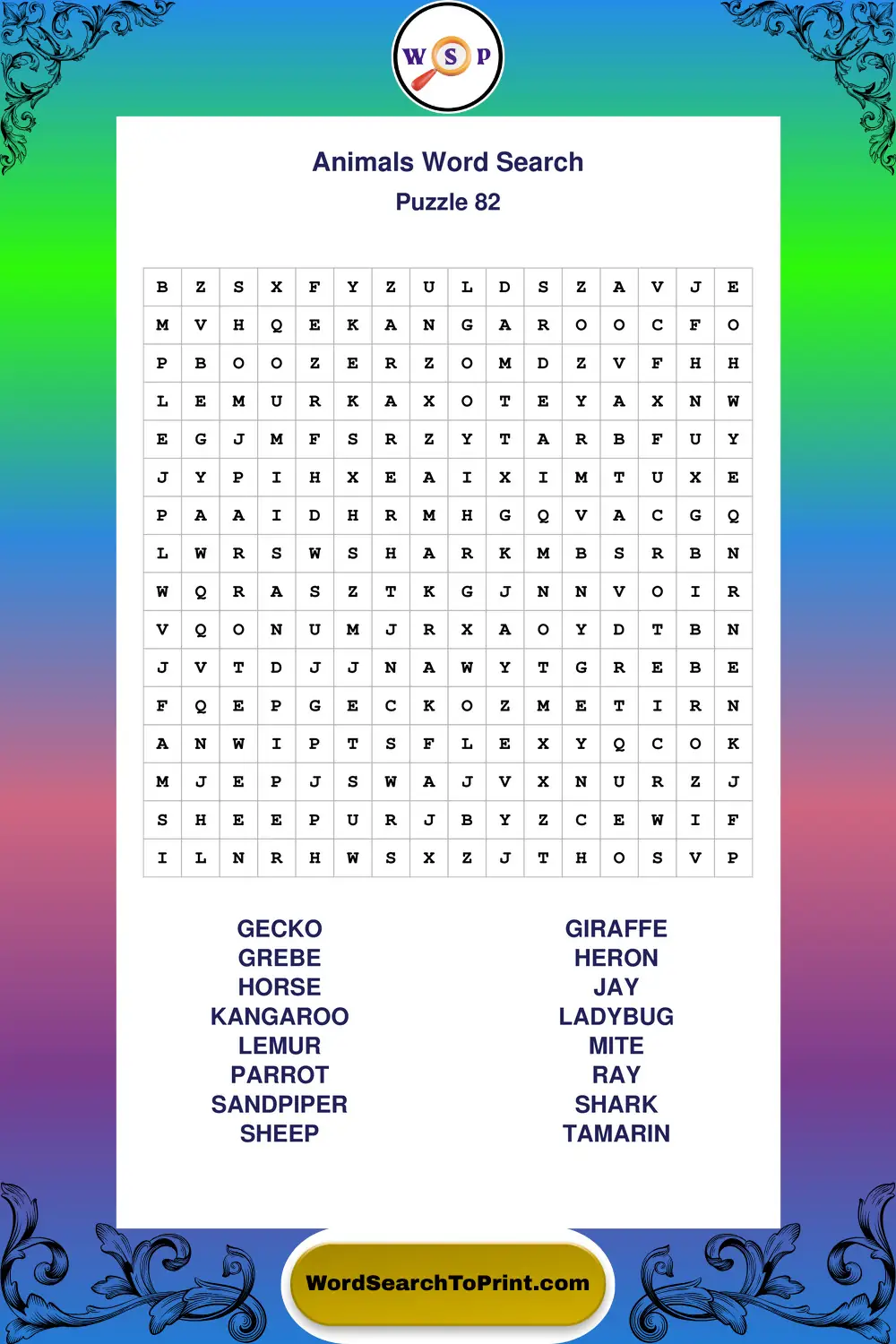 Animals Word Search Puzzle 82