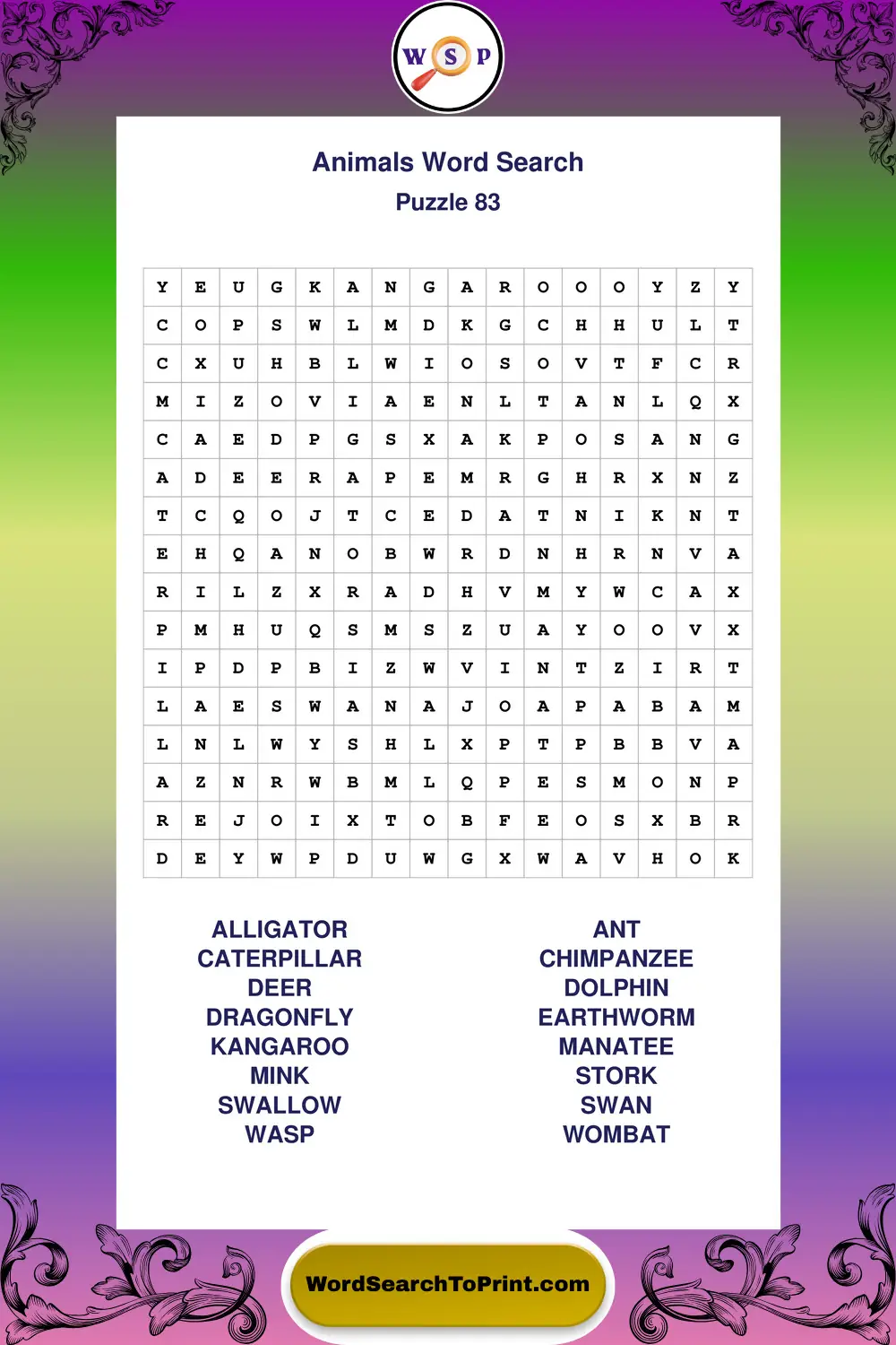 Animals Word Search Puzzle 83