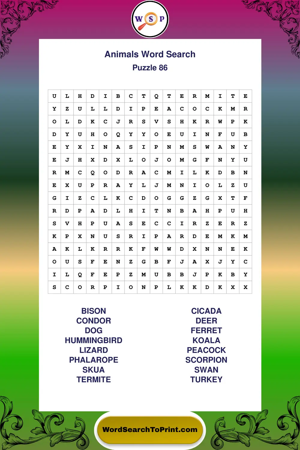 Animals Word Search Puzzle 86