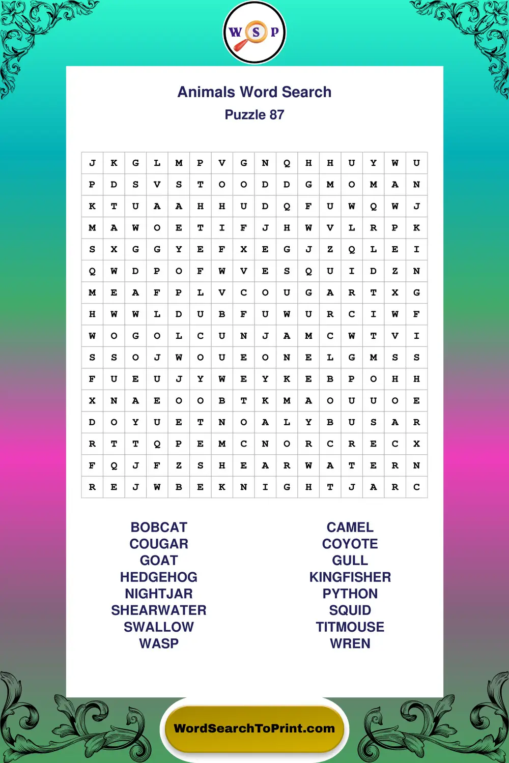 Animals Word Search Puzzle 87