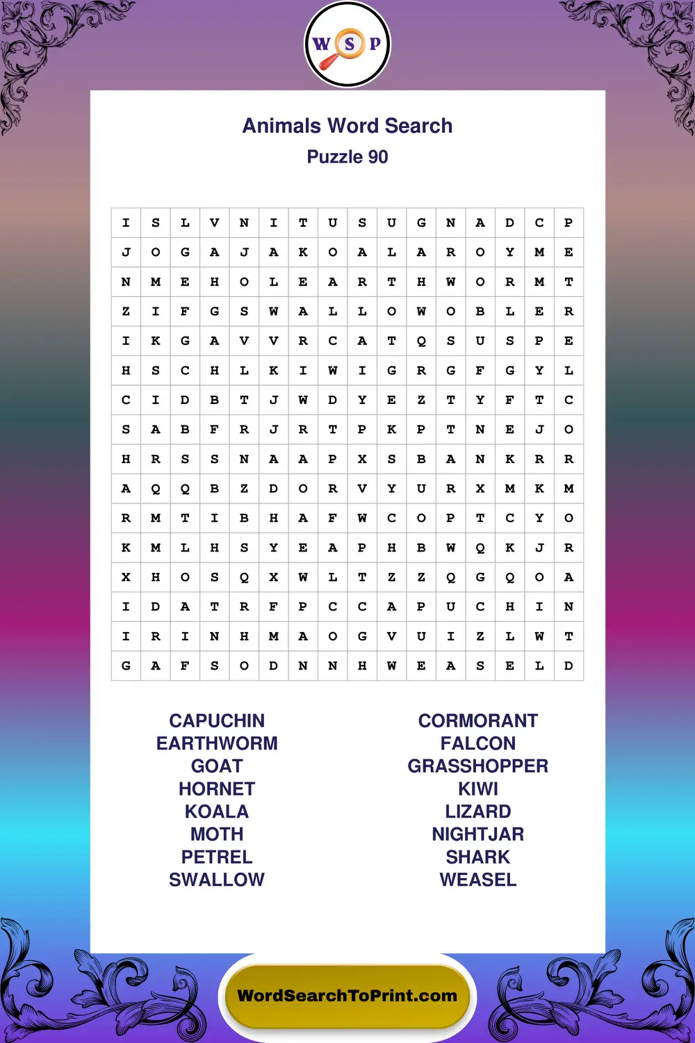 Animals Word Search Puzzle 90