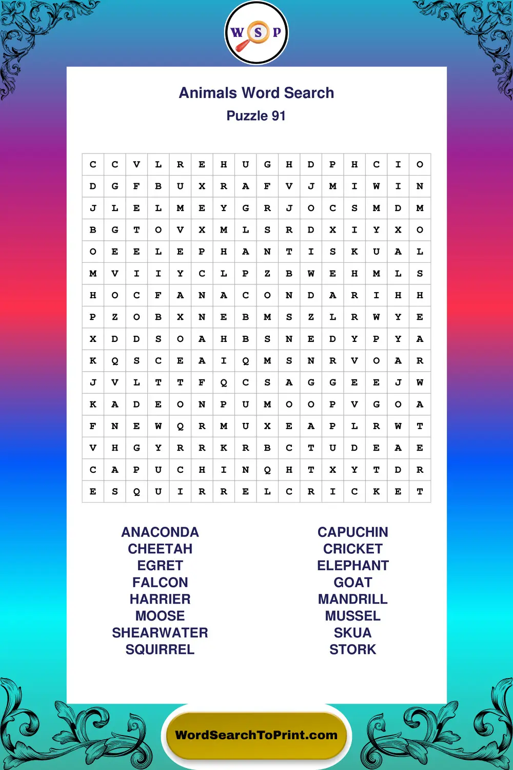 Animals Word Search Puzzle 91